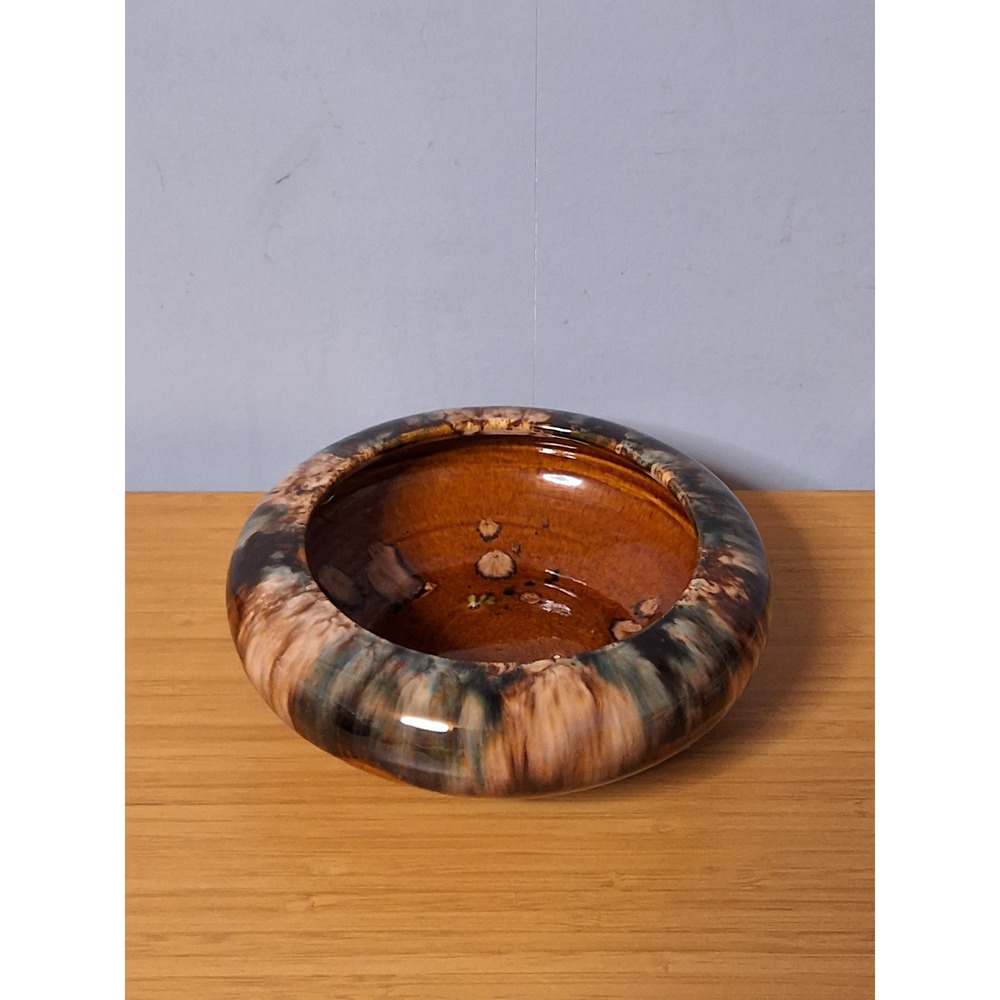 Vintage Drip Glaze Pottery Bowl Amber Brown Reactive Glaze Round Studio Art 7.5"